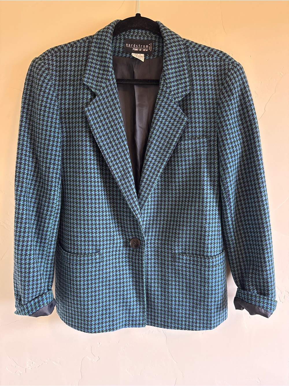 Vintage Nordstrom Teal & Black Wool Houndstooth Blazer